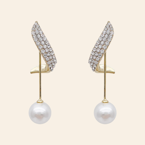 Brincos Dourados com Pérola Pendente e Cristais - Feminino