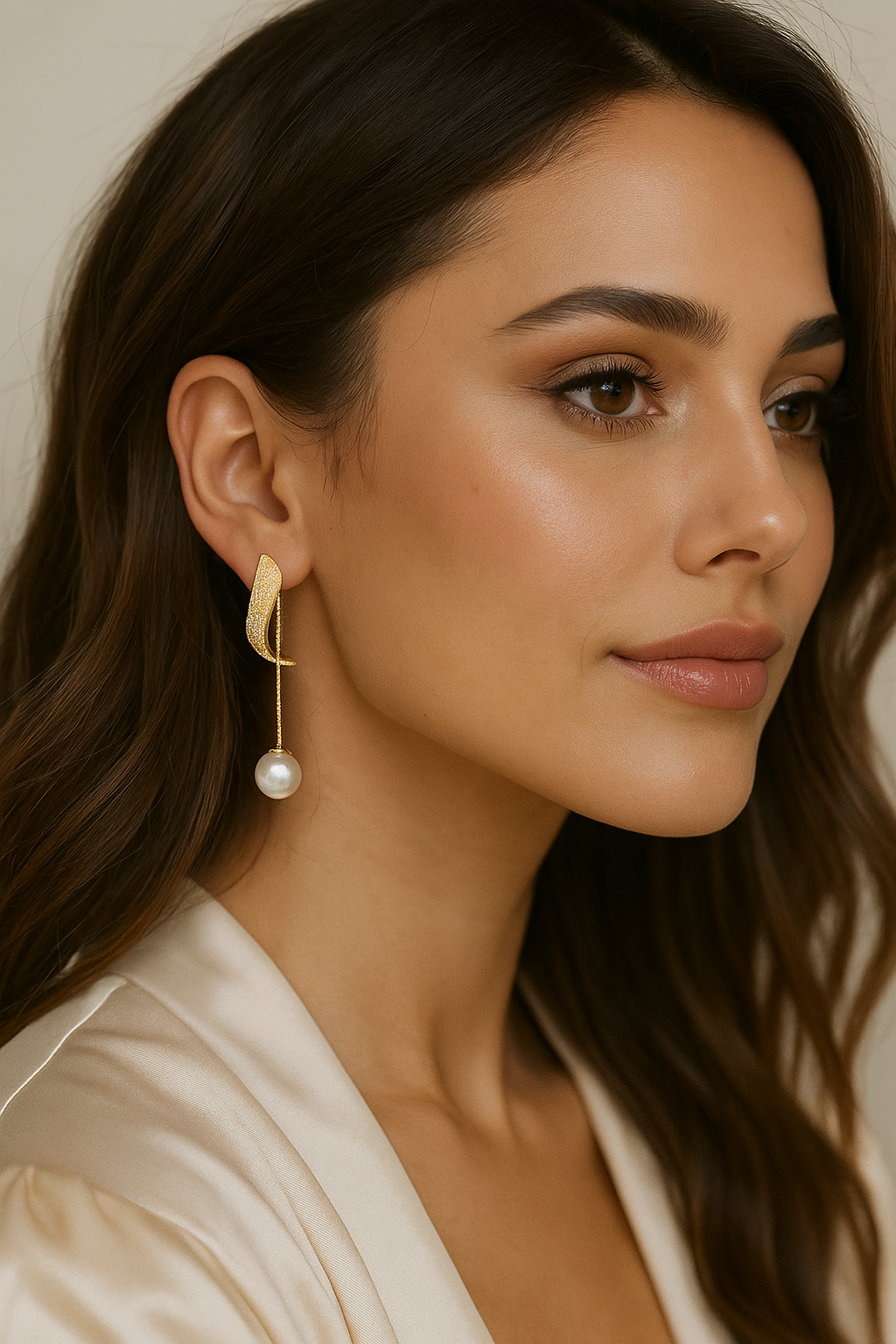 Brincos Dourados com Pérola Pendente e Cristais - Feminino